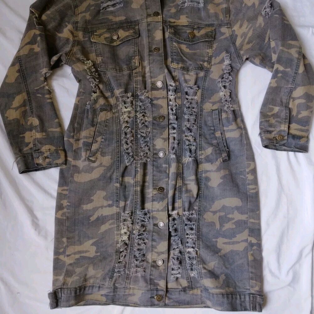 Thrill Jeans Denim Jacket Green Camo Distressed Frayed Grunge Womens Large - Picture 3 of 11